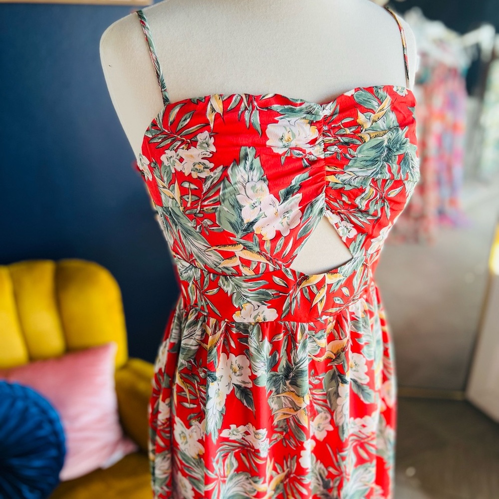 Floral Red Sundress with Cutout